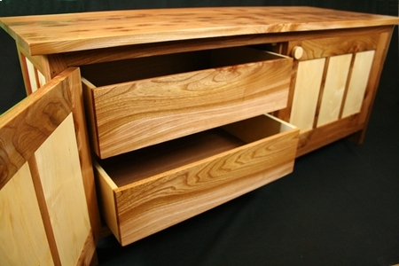 An Elm & Horse Chestnut sideboard open
